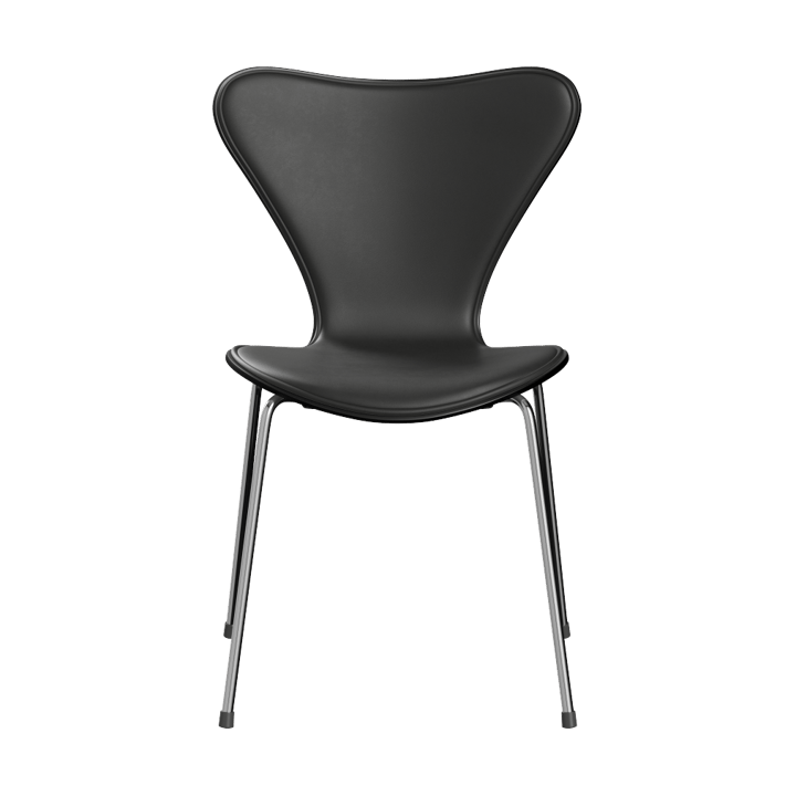 Sjuan 3107 framsidesklädd stol - Essential black läder-svart ask-krom - Fritz Hansen