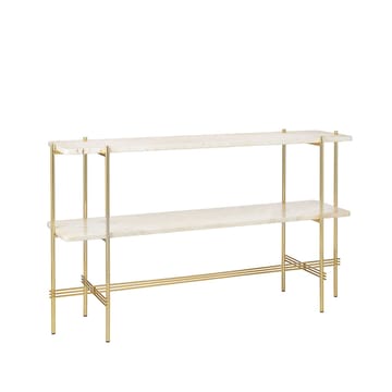 TS Console avlastningsbord 120x30x72 cm - natural white travertine, mässingstativ, 2 marmorhyllor - GUBI