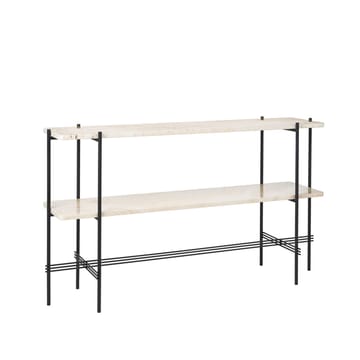 TS Console avlastningsbord 120x30x72 cm - natural white travertine, svart stativ, 2 marmorhyllor - GUBI