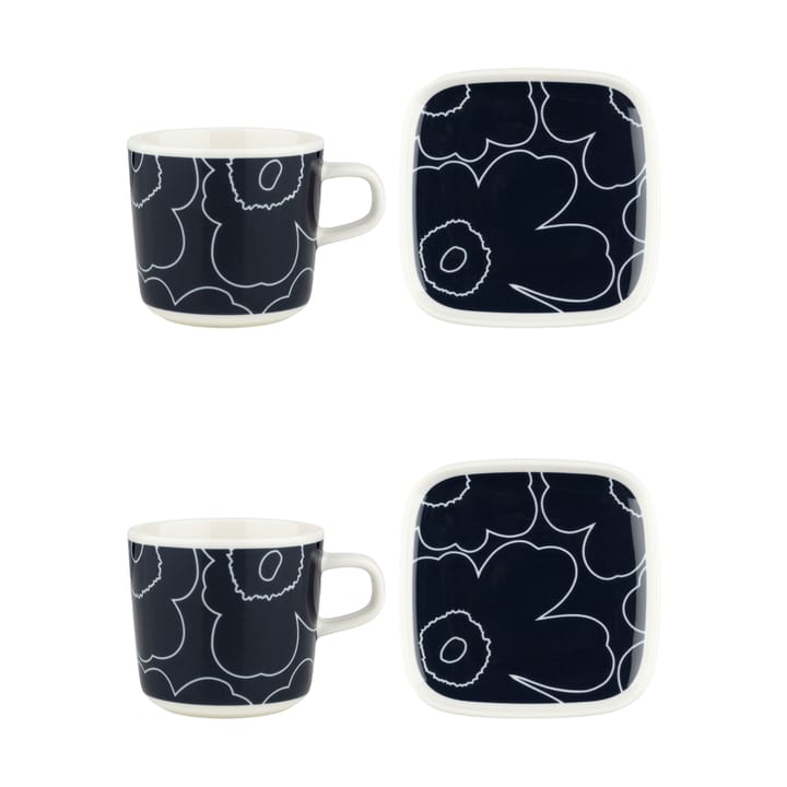 Piirto Unikko kopp och fat set 20 cl 4 delar - White-dark blue - Marimekko