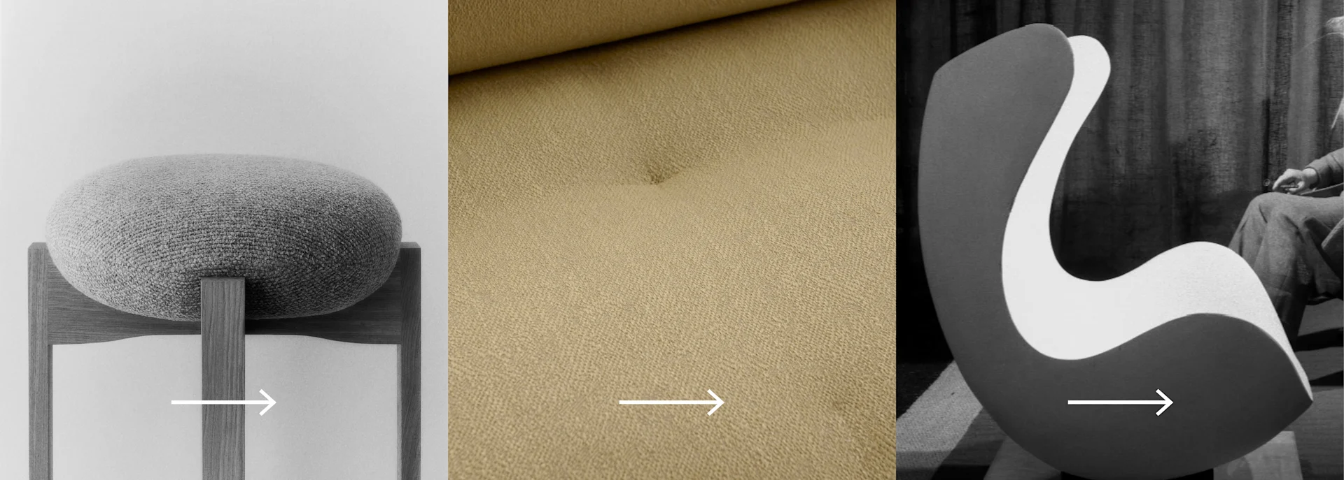 Tre paneler: en rund, gråklädd pall; en närbild av beigefärgat tyg; en grå och vit böjd fåtölj.