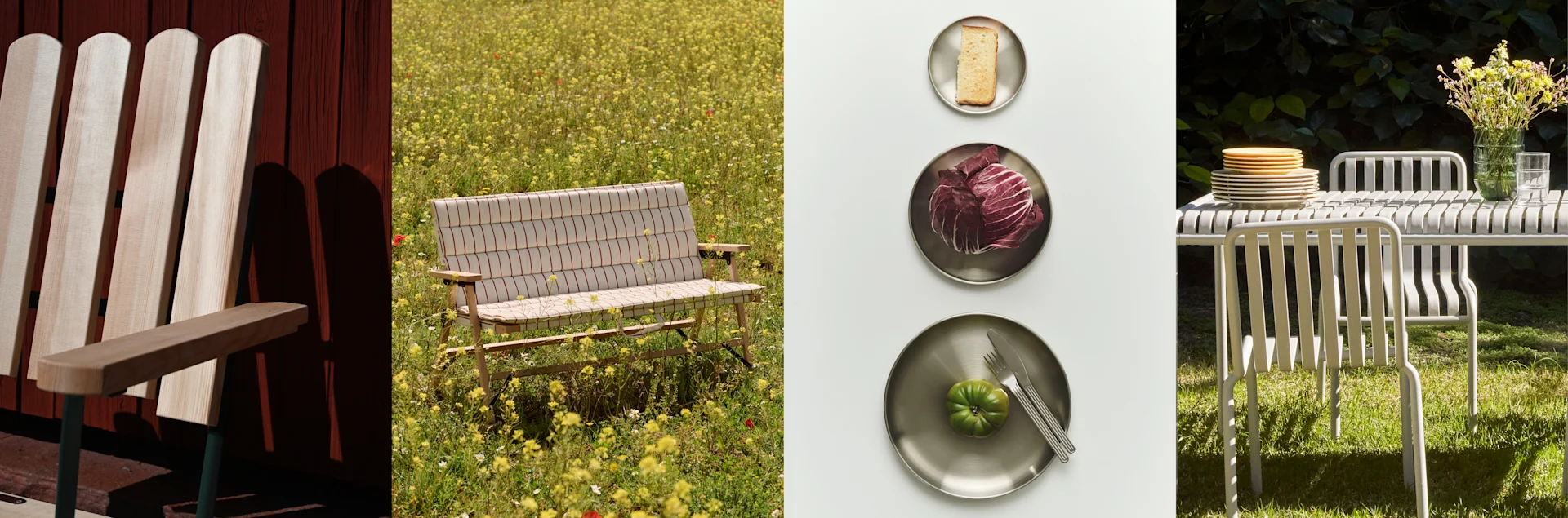 Flerpanelsbild: trästol vid röd vägg, randig bänk i blomsterfält, tre tallrikar med mat och utomhusmöbler på gräs.
