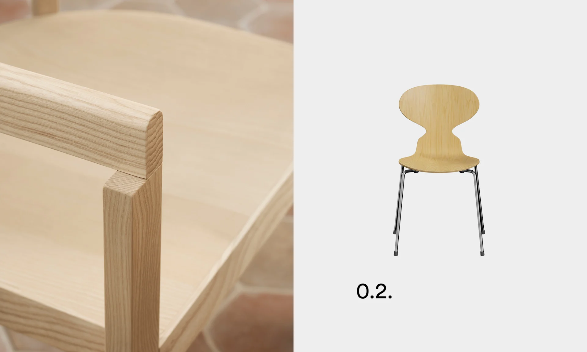 Närbild av armstöd på ljus trästol; en ljus trästol med böjd rygg och kromben, märkt 0.2.