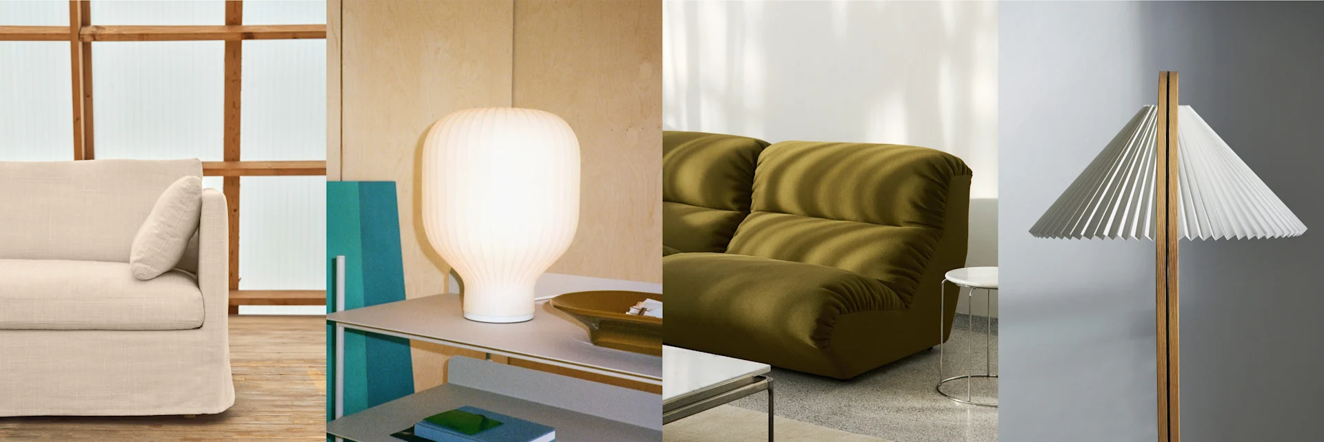 Fyrdelad bild: en krämfärgad soffa, en vit räfflad bordslampa, en olivfärgad soffa och en vit plisserad golvlampa.