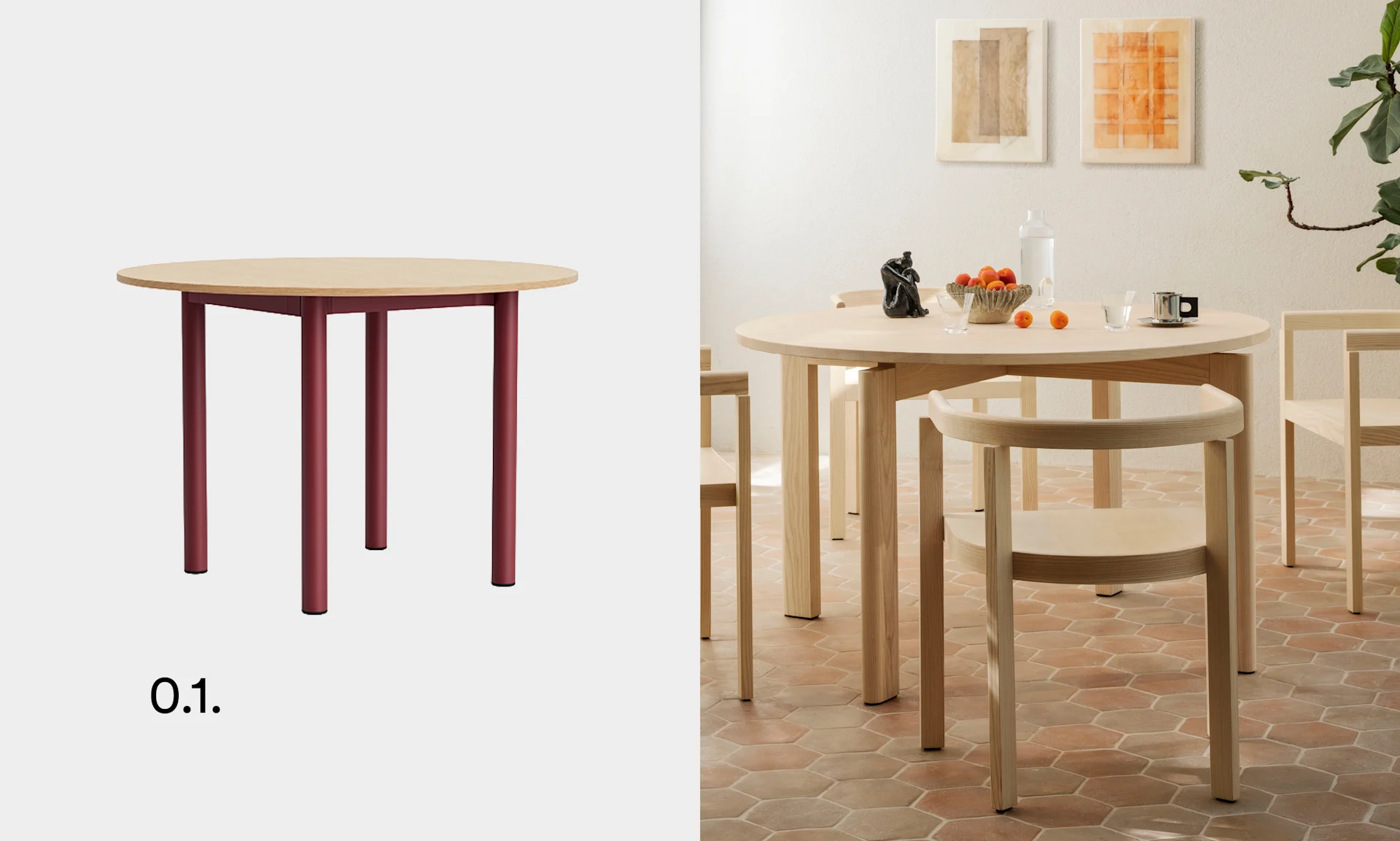 Runt matbord med ljus träskiva och fyra vinröda ben, på en ljus bakgrund.