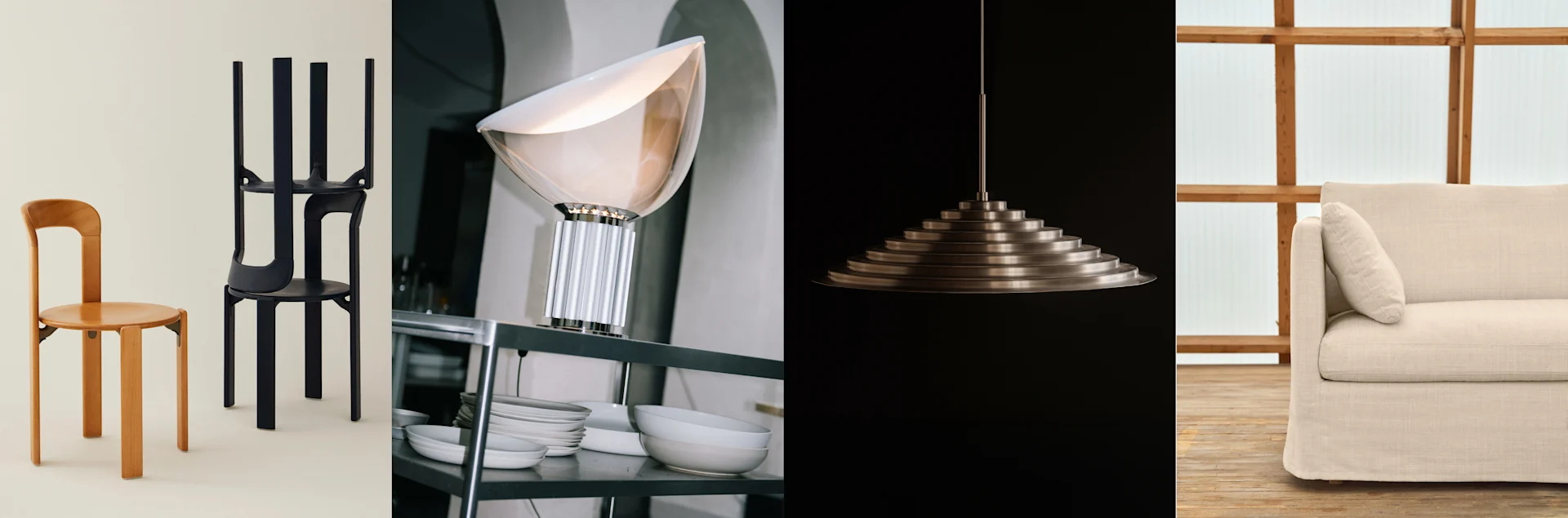 Fyra heminredningsartiklar: en trästol, en svart stol, en modern bordslampa, en nivåindelad metallpendel och en beige tygsoffa.