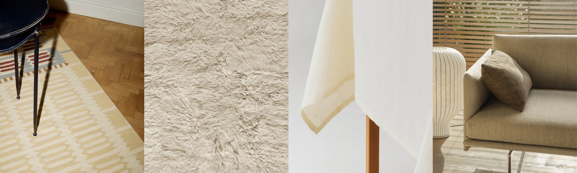Kollage av hemtextilier: en geometrisk matta på trägolv, en fluffig beige matta, en randig duk och en beige soffa.