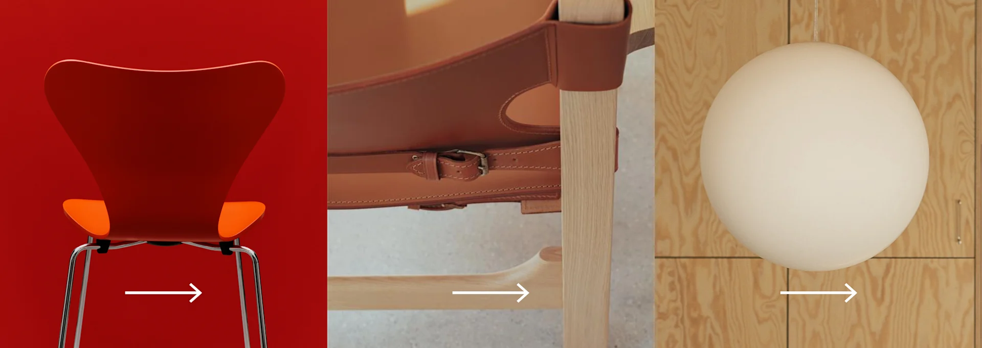 Tre paneler visar: en orangeröd stolsrygg, en detalj av en stol i brunt läder och trä, och en beige sfärisk lampa.